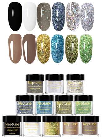 12色海王星指甲油套装，包含亮片和纯色，持久速干，美甲DIY工具套装，送给女性的绝佳礼物