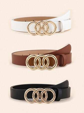 3pcs/Set Plus Size PU Classic Belt With Triple Alloy Buckle Decor, Fashionable & Versatile Women's Belt, Suitable For All Seasons