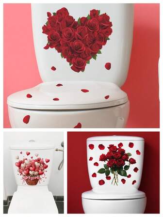 Valentine's Day Decorations Vinyl Decal, Valentine Wall Stickers For Room Decoration, 1pc Valentine's Day Decorative Toilet Cover Sticker With Rose Heart Flower Basket Pattern Self-Adhesive Sticker, Waterproof And Removable PVC Bathroom Decoration Toilet Cover Sticker, Stickers, Wall Decal, Vinyl Decal For Home Decorations, Spring Decoration Items Refresh Your Home, Rama Decoration Stickers