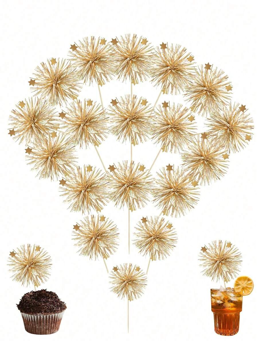 10pcs/Golden Cake Toppers, Firework Shape Cake Toppers, Mini Cake Toppers, Festive Party Theme Cake Toppers, Birthday Party Cake Toppers, Ladies Birthday Cake Party Toppers - Multicolor - View 1