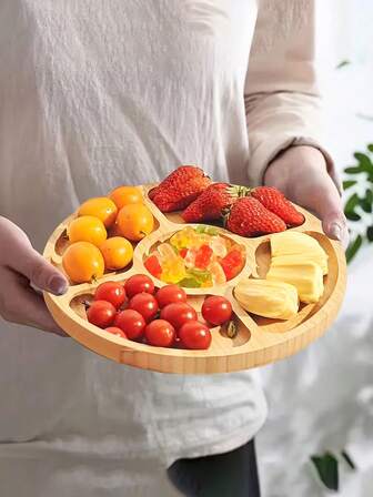 1 st. femfackig liten rund snacksbricka i bambu, förvaringstallrik, snacks- och dessertbricka för vardagsrums soffbord, hemfestdekoration ramadan middagstallrik, lämplig för olika ramadanfestivaldekorationer, ramadandekorationer