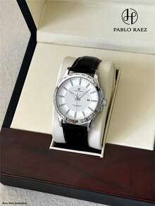 Pablo Raez 男士商务腕表，SUS304 不锈钢银色 IPS 表壳，奢华黑色柔软舒适超细纤维皮革表带，时尚大表盘带日期显示，50 米防水，全新男士石英腕表，适合休闲、工作、聚会和正式场合，是馈赠亲友的理想之选。 - 白色 - 查看 2
