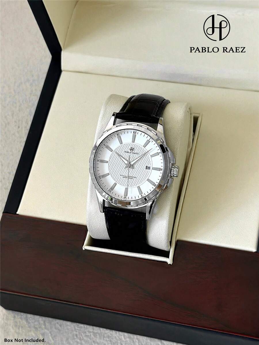 Pablo Raez 男士商务腕表，SUS304 不锈钢银色 IPS 表壳，奢华黑色柔软舒适超细纤维皮革表带，时尚大表盘带日期显示，50 米防水，全新男士石英腕表，适合休闲、工作、聚会和正式场合，是馈赠亲友的理想之选。