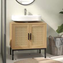 Móvel de lavatório Kleankin com compartimento de arrumação, móvel de lavatório com aspeto de rattan, armário de casa de banho com dispositivo anti-tombamento, carvalho, 60 x 39 x 60 cm - Caqui - Ver 3