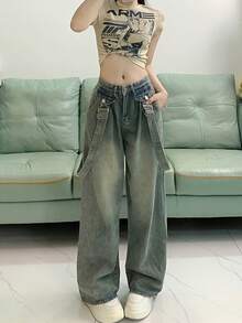 Detachable Suspender High Waist Loose Baggy Flare Leg Jeans, Retro Niche Style - Blue - View 9