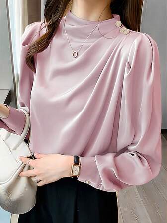 여성용 캐주얼 통근 스탠드 칼라 플리츠 퍼프 소매 긴팔 셔츠, 봄/가을