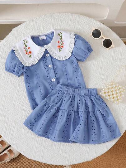 女婴镂空刺绣领花卉刺绣衬衫和裙子两件套，春夏休闲装