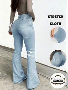 Quần jeans ống loe phong cách Y2K, chất liệu denim co giãn với túi bên hông, kiểu dáng wash, đa năng và thoải mái cho các buổi đi chơi và dự tiệc, thời trang denim mùa thu dành cho nữ. - Xanh và trắng - Xem 4