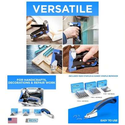 Eu2022Werk - 5 - In - 1 Staple Gun Set - Heavy - Duty Stapler/ 1500 Staple Remover Wood, Fabric, Carpet Wire Mesh - Hand Tacker/Power Adjustment Construction, Crafts Upholstery Work