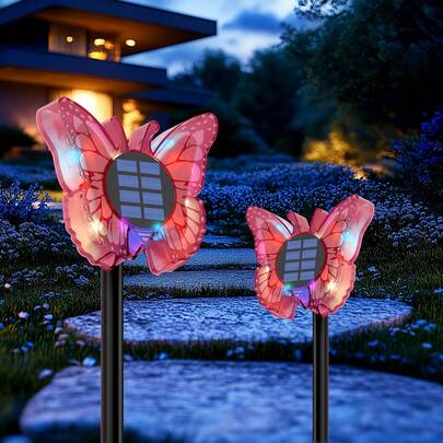 Solar Butterfly Lights Outdoor-Color-Changing 3D Glow-2-In-1 Wall & Ground-Butterfly Lights For Outside-Waterproof Garden Decorations For Patio Lawn Yard Fence Backyard Decor (Red)