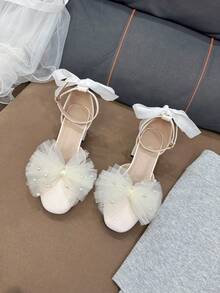 Cute Teenage High Heel Shoes With Beautiful Mesh And Pearl Decor, Suitable For Occasions Such As Birthdays, Family Gatherings, Weddings, Student Festivals And Parties