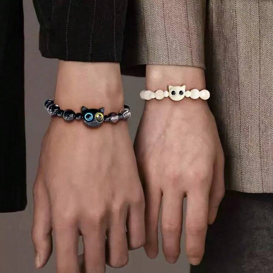2pcs/Set Cute Cat Beaded Bracelet, Bohemian Style Casual Couple Bracelet, Unique Design Gift For Friends - Bracelets - View 1