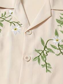 Men's Casual Embroidered Shirt, Floral & Leaf Embroidery Pattern, Young & Fashionable, Retro, Suitable For Daily Outings - 杏色 - 查看 4