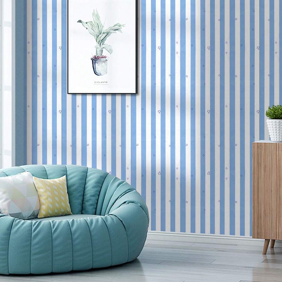 1 Cuộn Giấy Dán Tường Tự Dính Sọc Dọc, Kích Thước 17.71 inch x 196.85 inch, Giấy Dán Tường Vinyl Có Thể Tháo Rời, Giấy Dán Tường Họa Tiết Sao Ngọt Ngào, Chống Thấm Nước, Dễ Dán, Thích Hợp Cho Phòng Ngủ, Phòng Khách, Nhà Bếp, Phòng Tắm, Bàn Làm Việc, Trang Trí Tủ, Trang Trí Tường Văn Phòng Và Trường Học, Giấy Dán Tường Màu Xanh Và Trắng - Xanh và trắng - Xem 1