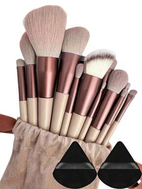 15pcs Makeup Brush Set, Includes 2 Black Triangle Makeup Sponges (Suitable For Loose Powder), Soft And Sticky; Also Includes 13 Makeup Brushes For Blush, Liquid Lipstick, Lipstick, Lip Balm, Concealer, Eyeliner, Foundation, Primer, Powder, Highlighter, Contour, Setting Spray, Eyeshadow, Blush, Cream Eyeshadow, Korean Makeup And More