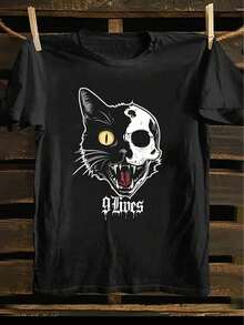 Exclusiva de Verano 2026, Última , Camiseta de Algodón Puro Solo para Verano, Camiseta negra con estampado gráfico para mujer - diseño de calavera de gato "9 vidas", manga corta, cu - Negro - Ver 7