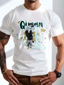 Men's Crew Neck T-Shirt With Queen Life Graphic Print, Lightning Bolt And Dollar Symbol, Versatile Casual Top For All Seasons, Suitable For Leisure And Sportswear, Fashion Gift - 白色 - 查看 6