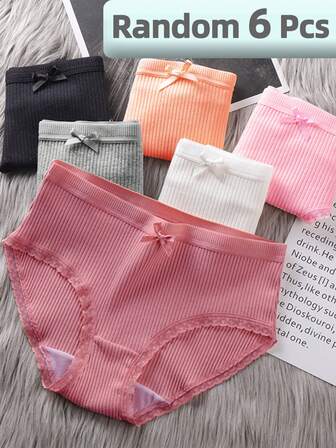 6件随机颜色，少女时尚蝴蝶结装饰罗纹纯色内裤，年轻女性罗纹蕾丝装饰日常穿着内衣