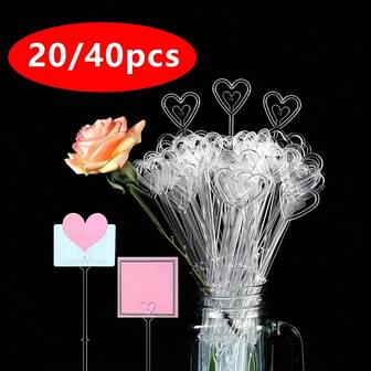 40/80/20pcs Floral Card Holders, Transparent Heart-Shaped Plastic Floral Card Clips, Floral Decor Eid Mubarak, For Floral Bouquet Arrangement, Craft, Wedding, Party, Birthday Packaging, Floral Decor Eid Mubarak, Mother's Day, Valentine's Day Gifts