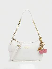 2025新款时尚经典百搭字母图案纯色PU皮革新月形单肩/腋下包，Y2K风格单肩/腋下包，适合购物，可斜挎 - 白色 - 查看 6