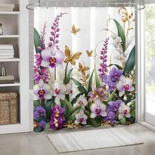 1 Stück eleganter lila Blumen Duschvorhang - wasserdichter Polyester mit Haken, pflegeleicht, geeignet als Duschvorhangauskleidung für alle Jahreszeiten, Badezimmer Dekoration - Verschiedenfarbig - Übersicht 7