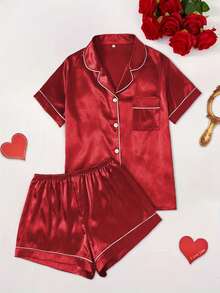 2pcs Satin Pajama Set, Short Sleeve Lapel Top & Shorts, Solid Color Pajama Set For Women, Spring/Summer Casual Sleepwear Loungewear - Red - View 1