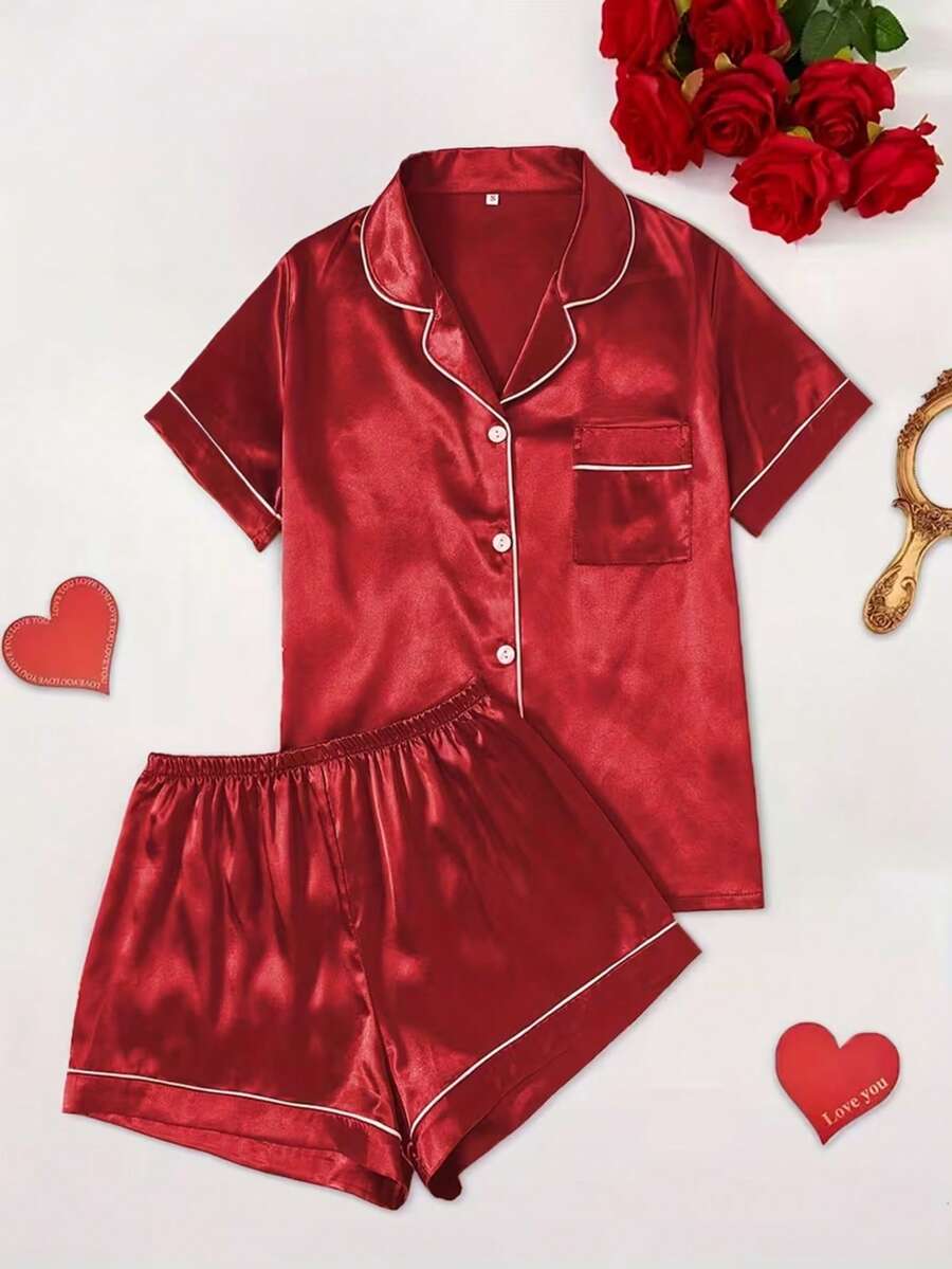 2pcs Satin Pajama Set, Short Sleeve Lapel Top & Shorts, Solid Color Pajama Set For Women, Spring/Summer Casual Sleepwear Loungewear - Red - View 1