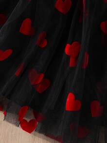 2pcs/Set Young Girl' Bubble Collar Short Sleeve Top And Heart Net Mesh Skirt Set, Spring/Summer