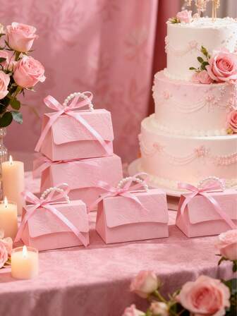 10pcs Exquisite Embossed Gift Boxes With Satin Ribbons And Pearl Handles, Available In Multiple Sizes, Suitable For Various Occasions Such As Wedding Favors, Small Gift Boxes With Pearl Handles, Baby Christening Gifts, And Children's Play. These Party Gift Boxes Are Elegant And Refined.