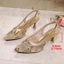 Women's Sequin Embellished Transparent Mesh Pointed Toe High Heel Shoes, Backless Design, Suitable For Party Dresses - Champagne - View 6