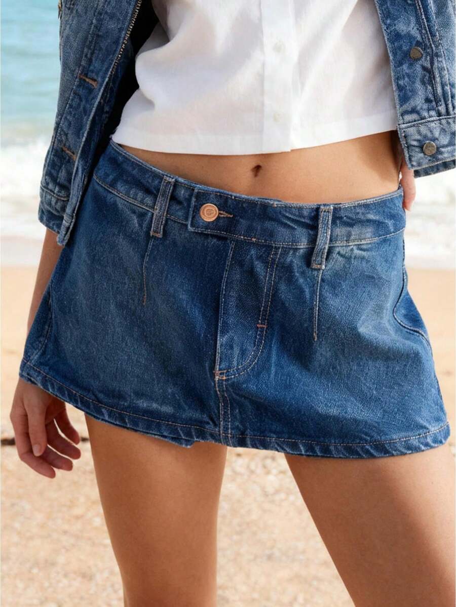 Women Low Rise Denim Skirt Solid A-Line Mini Jean Skirts For Daily Office Party - Blue - View 1