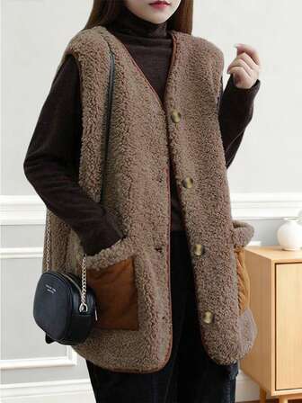 Chaleco holgado sin mangas con bolsillo y contraste de color en tejido suave para mujer, para otoño/invierno