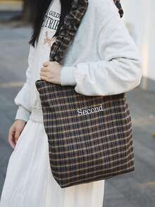 Dedoo New Casual Fashion Plaid Handbag, Pleated Shoulder Strap, Korean Loose Letter Tote Bag, Foldable Large Capacity Shoulder Bag, Suitable For University, Shopping, Travel - Multicolor - View 6