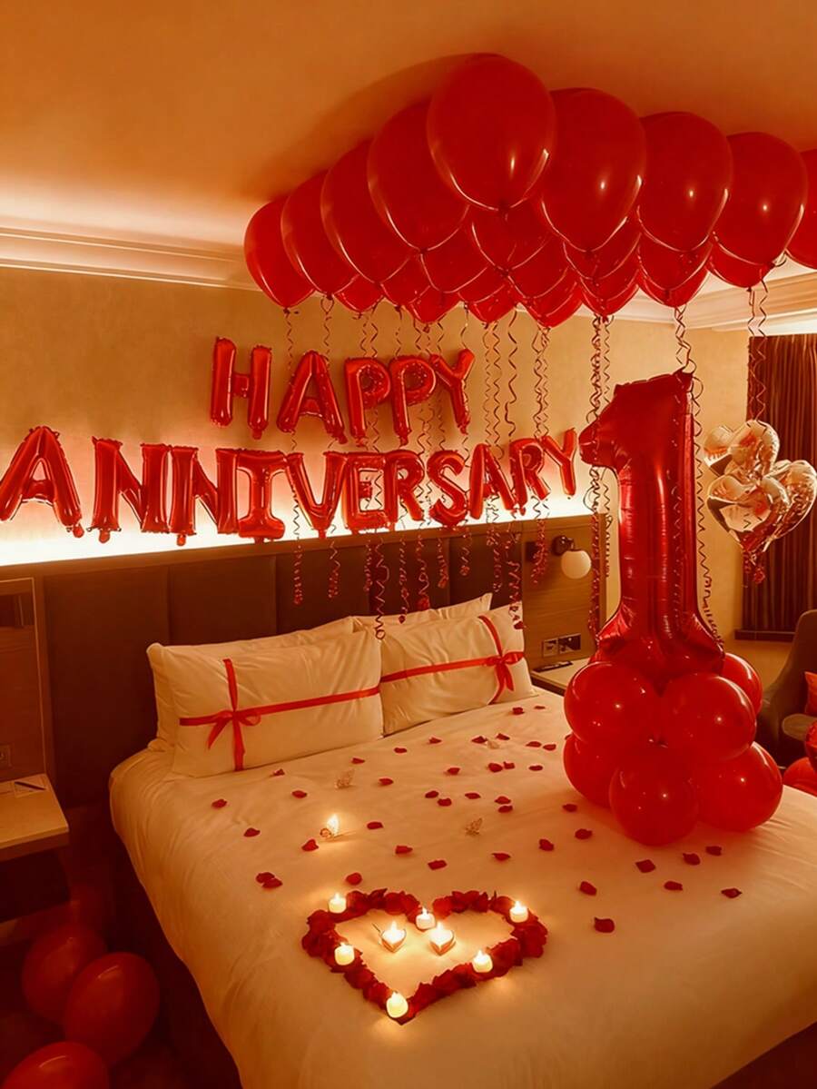 58件套周年纪念装饰气球套装，周年快乐横幅，32英寸红色数字气球，红色心形气球，情人节装饰气球，周年纪念、结婚、求婚派对、生日庆祝、新年室内装饰、房间装饰