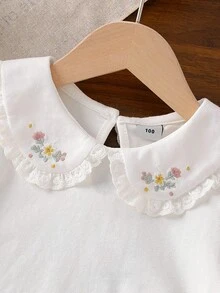 Áo thun ngắn tay dáng casual đa năng dành cho bé gái, thêu hoa, phối ren. - trắng - Xem 3
