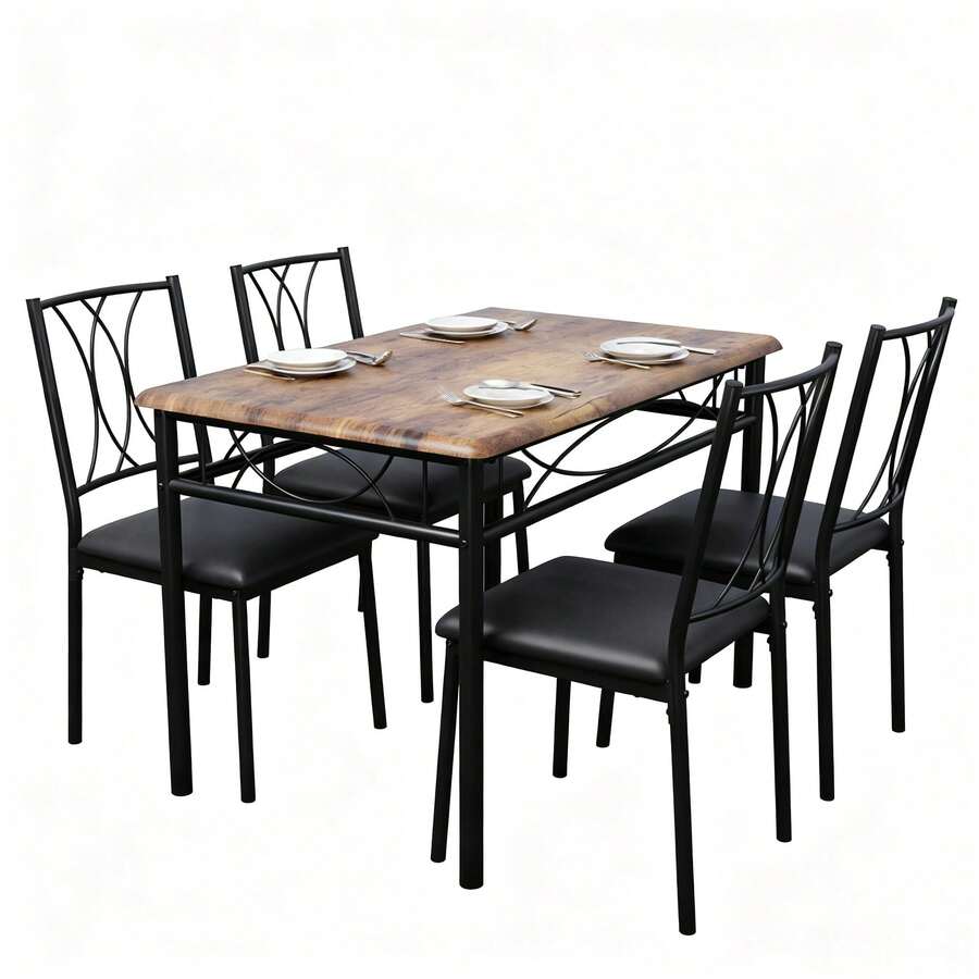 Juego de mesa de cocina de 4 piezas con sillas tapizadas, juego de comedor compacto para 4 personas, mesas de comedor que ahorran espacio para apartamentos pequeños y desayunadores, superficie impermeable, marrón rústico - Marrón - Ver 1