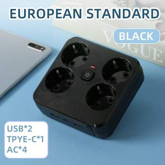 Multifunktionell EU-standarduttagsförlängare med 4 AC-uttag, 2 USB-portar och 1 typ-C-laddningsport, med en oberoende huvudströmbrytare. Kompakt och lätt, idealisk för resor och bekväm att bära med sig. Lämplig för olika scenarier som hemma, i skolan och på kontoret. Lämplig för laddning av flera personer, laddning av flera enheter, laddningsbehov i hemmet och kontorsskrivbord. Laddningsstation för hemmakontor.