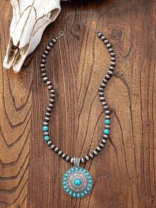 Western Necklace Jewelry Blue Turquoise Stone Necklaces For Women Faux Pearl Beaded Necklace Jewellery , Women Gift Cowgirl Style Holiday Jewelry Presents - Western-style Beaded Turquoise Pendant Necklace - View 4
