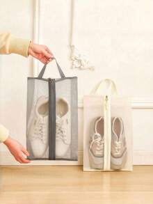 Foldable Breathable Mesh Shoe Storage Bag - Transparent Visual Design, Durable Polyester, Large Capacity, Multifunctional Tote For Gym, Travel, Beach, And Toiletries - Black - View 3