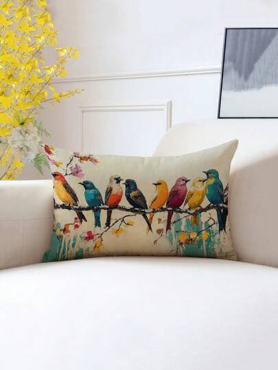 1/2 piezas Funda de almohada de cintura con estampado de pájaros y arbustos vintage, de tela de punto de peluche corto, con cierre de cremallera, solo lavado a mano, funda decorativa de cojín para sofá, 12" X 20" - Sin relleno