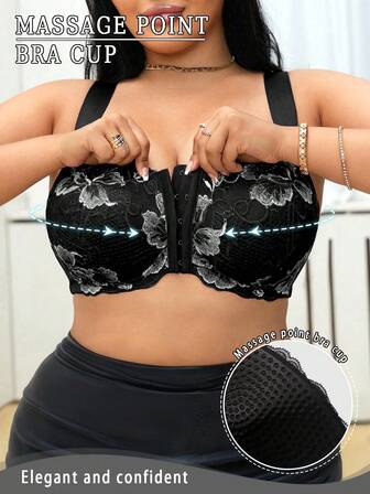 LRNG XMNG EA Plus Size Front Closure Embroidered Women's Bra, Embroidered Comfortable Front Closure Sexy Women's Bra, Comfortable For Daily Use, Solid Color Without Side Bulge, Women's Bra