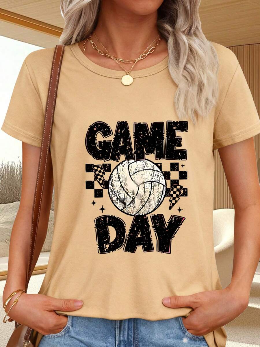 Camiseta de con estampado de voleibol y texto GAME DAY para eventos deportivos - Caqui - Ver 1