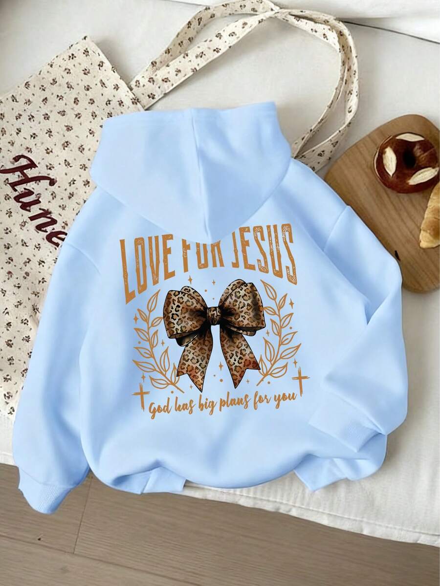 Loose, Versatile, Fashionable Knit Sweater With Cute Bow Print And Hood, Suitable As A Long Sleeve Layering Top For Autumn/Winter, Available In Beige - Blue - View 1