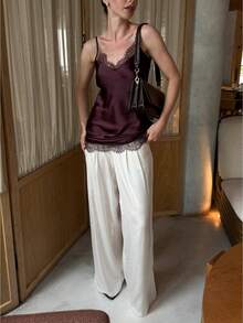 Women Lace Trim Satin Tank Top V Neck Silk Camisole Tops Y2k Backless Spaghetti Strap Tank Cami Shirts Cute Summer Going Out Top Clothes - 深棕 - 查看 1