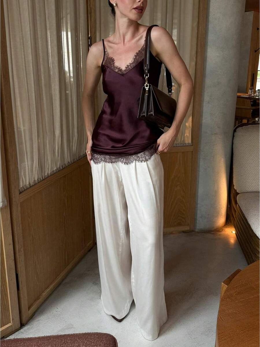 Women Lace Trim Satin Tank Top V Neck Silk Camisole Tops Y2k Backless Spaghetti Strap Tank Cami Shirts Cute Summer Going Out Top Clothes - 深棕 - 查看 1