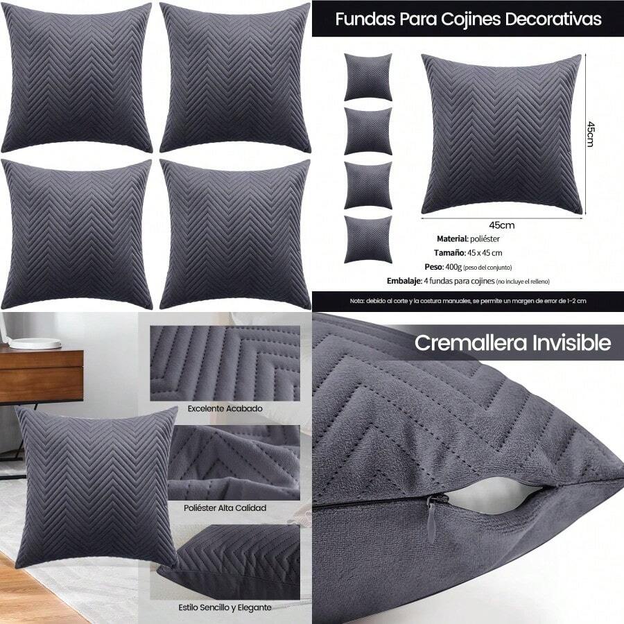 hu4 Fundas de Cojín Decorativas de Color Sólido Suave Acolchadas en Relieve 3D Juego de Fundas de Cojines con Cremallera Invisible para Sofá 45x45cm-Gris Oscuro220 - Grisoscuro - Ver 1