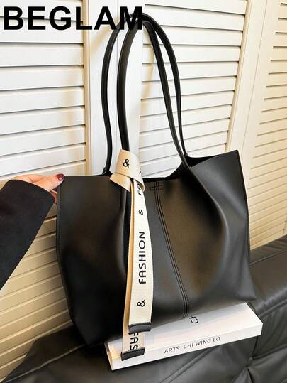 女士百搭纯色手提包，Malist PU 皮革大容量单肩包，带丝巾装饰，轻便大容量托特包，适合日常办公使用，时尚防水方形托特包，母亲节礼物，秋冬新款大容量单肩托特包