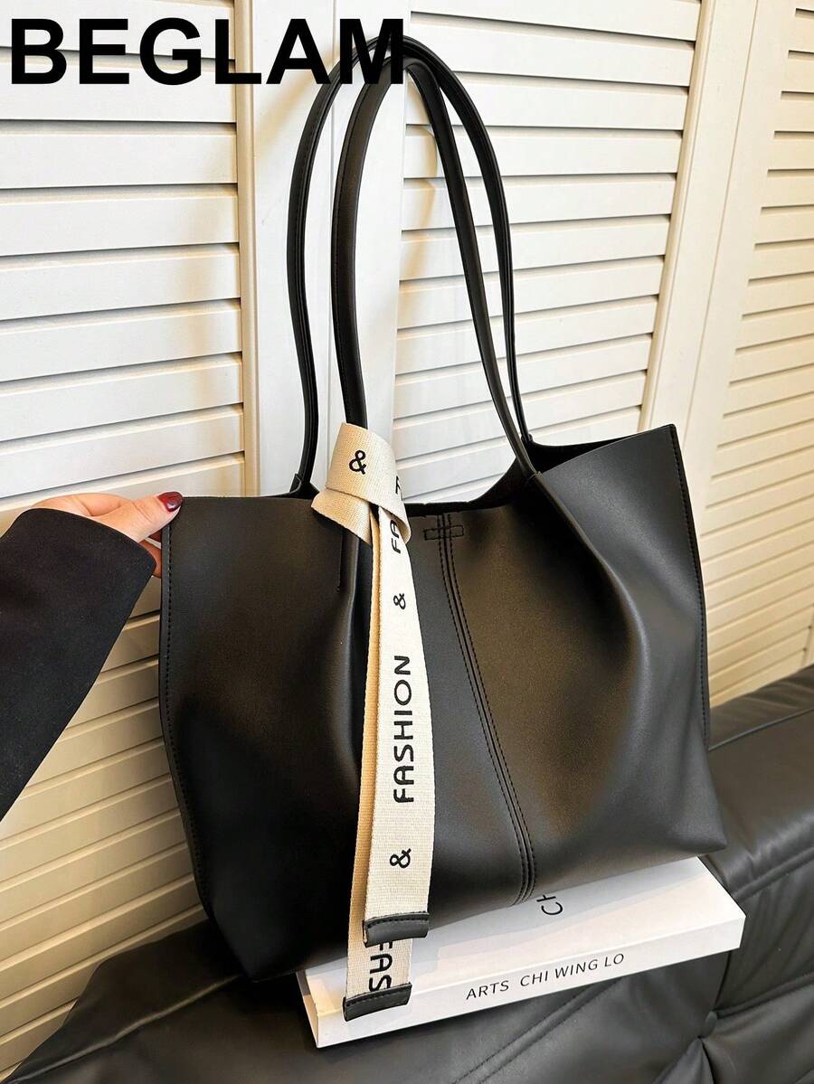 Women's Versatile Solid Color Handbag, Malist PU Leather Large Capacity Shoulder Bag With Silk Scarf Decor, Lightweight Large Capacity Shopping Bags For Daily Office Work, Fashion Waterproof Square Tote Bag Mom's Holiday Gifts, New In Fall/Winter Large Capacity Shoulder Tote Bag