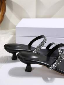 Giày cao gót hở mũi đính đá Rhinestone quai mảnh màu đen, giày sandal quai mảnh tối giản cho nữ mặc mùa hè, ngày lễ tình nhân - màu đen - Xem 10