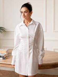 Women's Solid Color Turndown Collar Button Front Dress - White - View 5